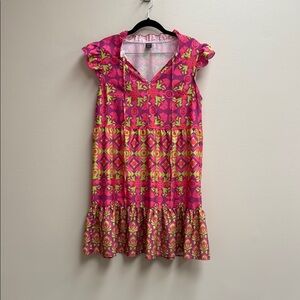 SHEIN Pink and Yellow Tiered Sundress with Flutter Sleeves